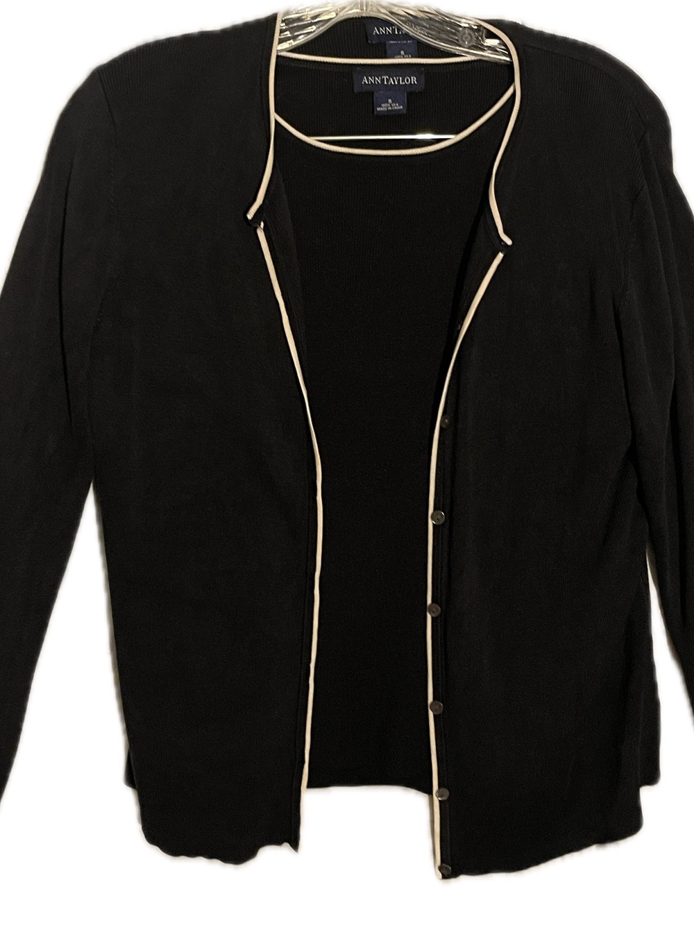 TWO PIECE- Ann Taylor Black Cardigan with Cream Trim - Button Front Sweater